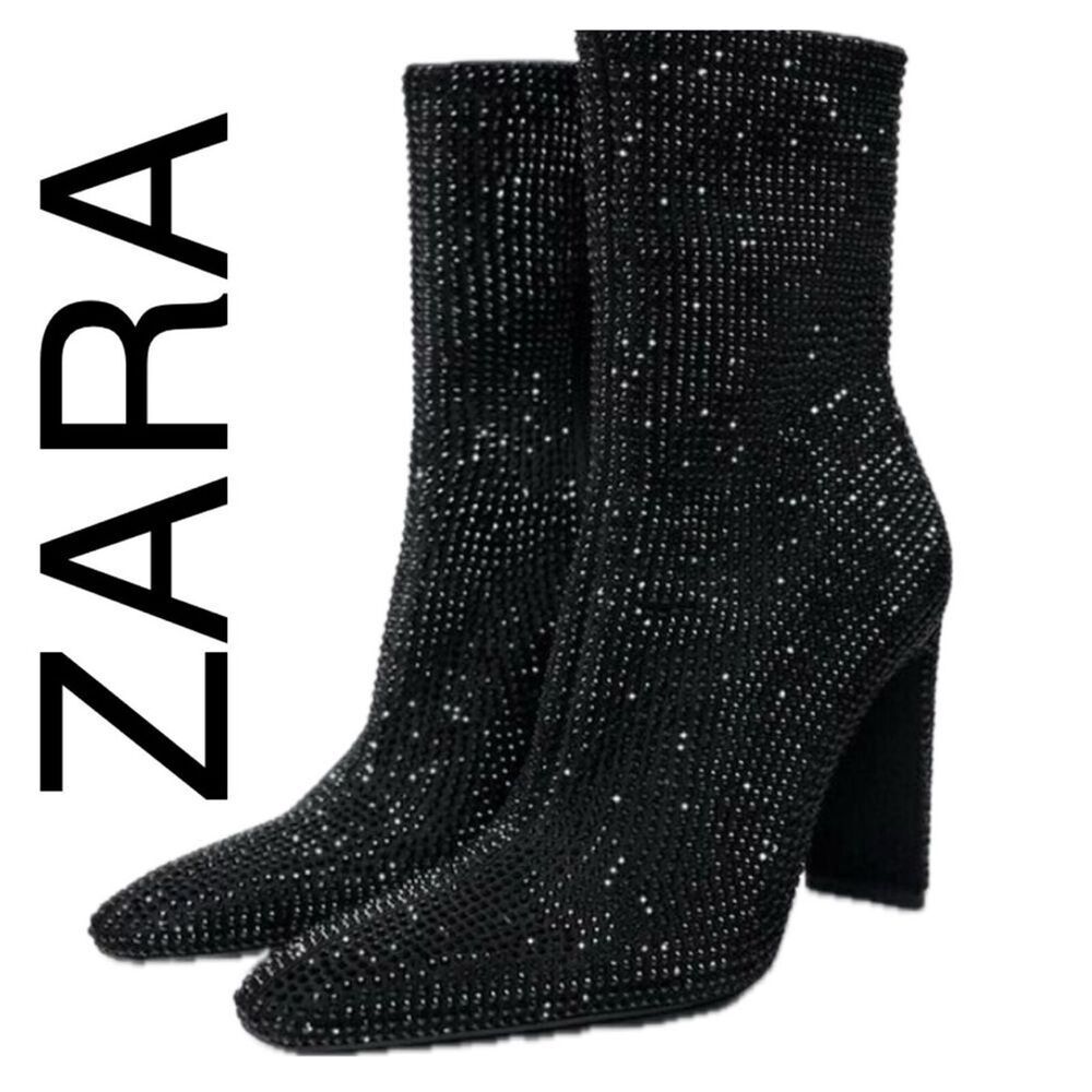 (W2) ZARA Women's Black Rhinestone Heeled Ankle Boots Size 37/6.5US - Picture 1 of 12